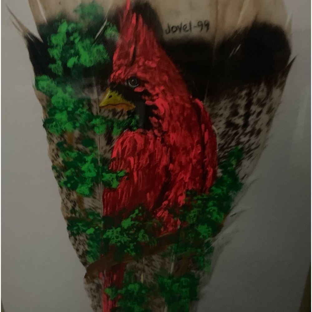 Cardenal Painted on Turkey Feathers